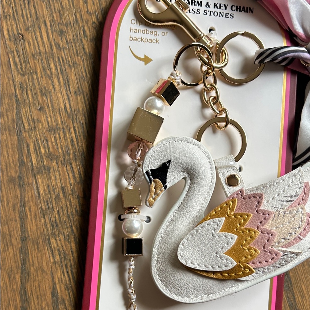 Piper K Swan Bag Charm/Keychain and Scarf Set - White, Pink, and Gold - Picture 4 of 5